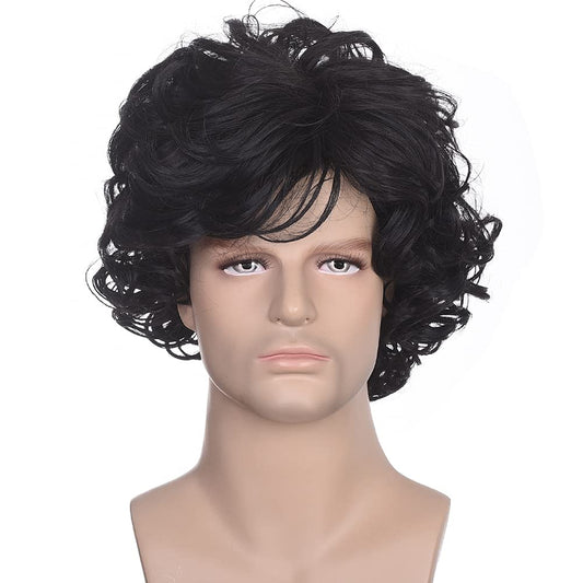 70s Disco Black Jerry Curl Wig with Glasses Mustache Necklace for Men