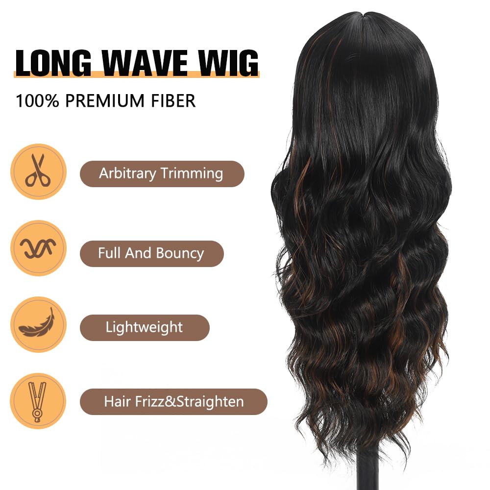 Black Wig with Bangs Long curly wavy Wigs for Women26In Synthetic Black Wig
