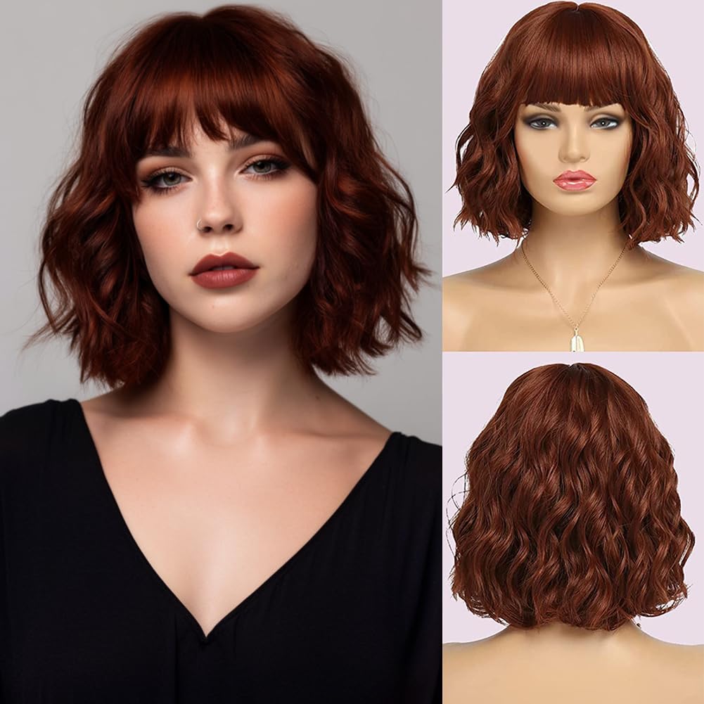 White Silver Wigs for Women Ombre Grey Wavy Bob Short Wigs with Bangs Medium Length Synthetic Hair Water Wave Dark Roots Wig Gray Colorful Wigs（14 Inches）
