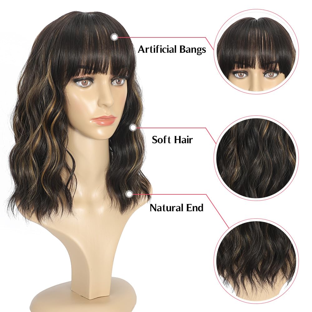 Black Mixed Brown Wig for Black Women Short Wavy Curly Bob Wig with Bangs