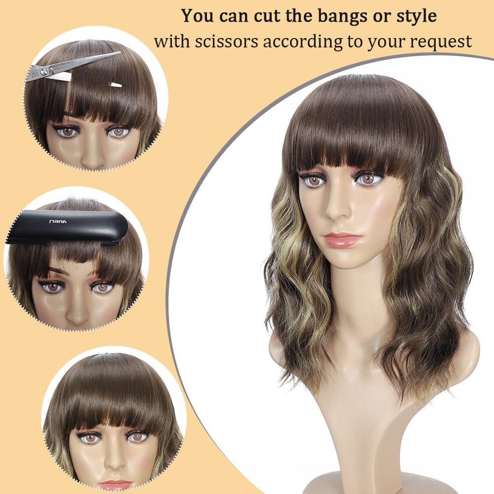 Black Mixed Brown Wig for Black Women Short Wavy Curly Bob Wig with Bangs