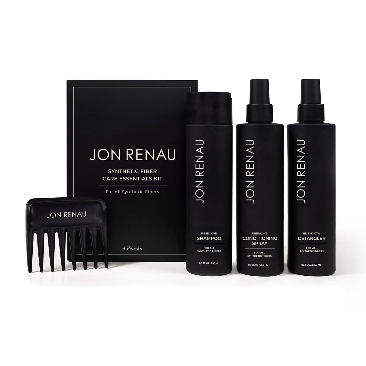 Jon Renau Synthetic Fiber Care Kit, Shampoo and Leave In Conditioner for Synthetic Wigs and Hair Extensions, Detangler Spray with Wide Tooth Comb, 4 Piece Set
