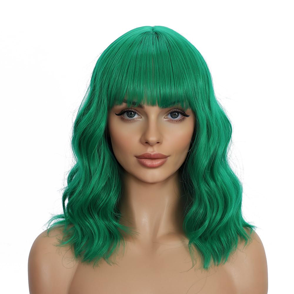 Dark Purple Wigs with Bangs for Women 14 Inch Short Wavy Bob Wigs Synthetic Bob Wig Curly Wig Heat Resistant Colorful Wavy Wig Cosplay Wigs For Daily Party Halloween