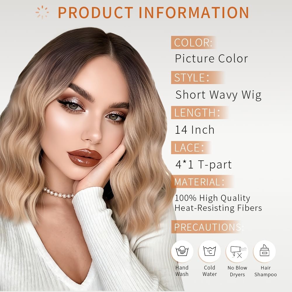 Short Wavy Wig with Bangs Black Mixed Brown Bob Curly Wigs for Women 14inch