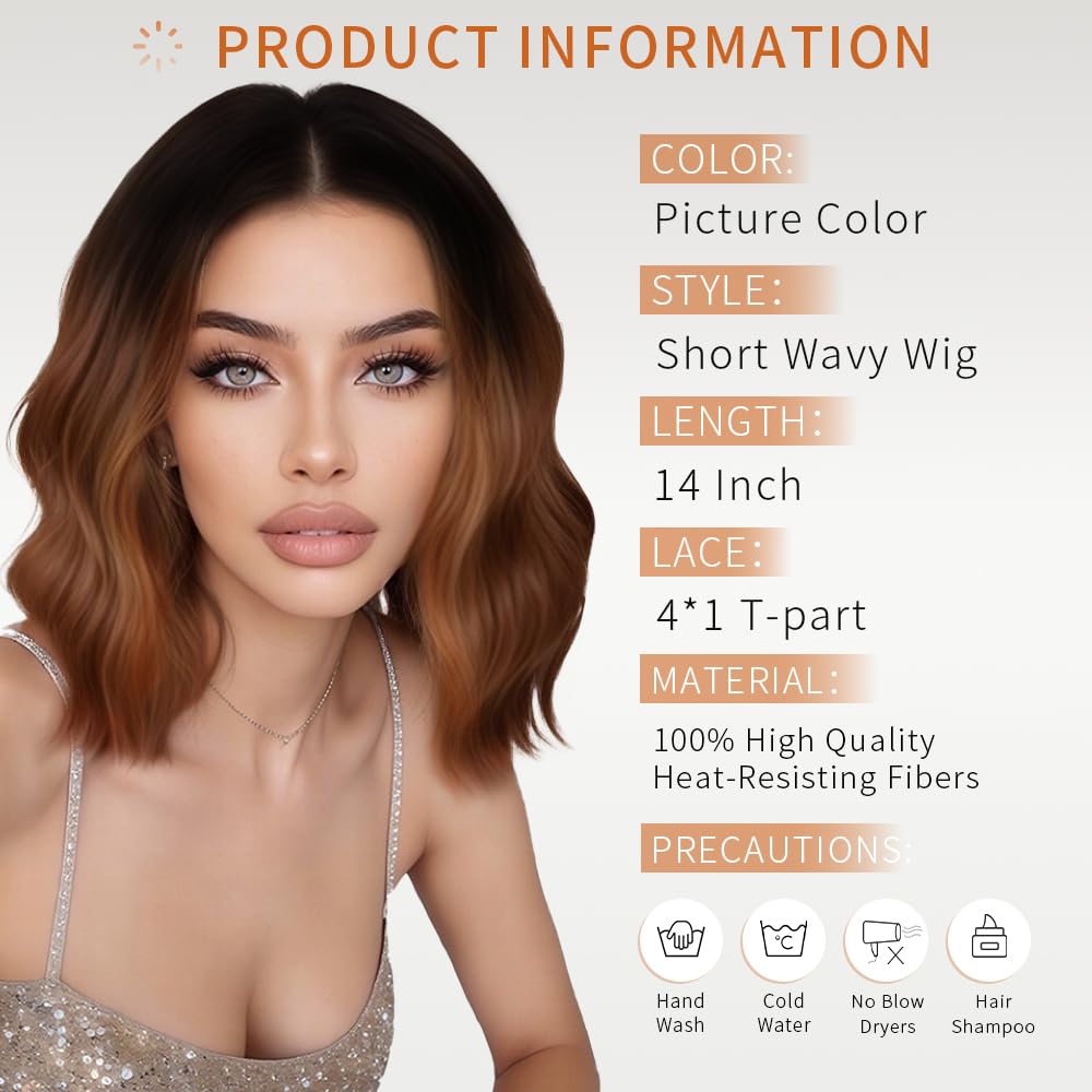 Short Wavy Wig with Bangs Black Mixed Brown Bob Curly Wigs for Women 14inch