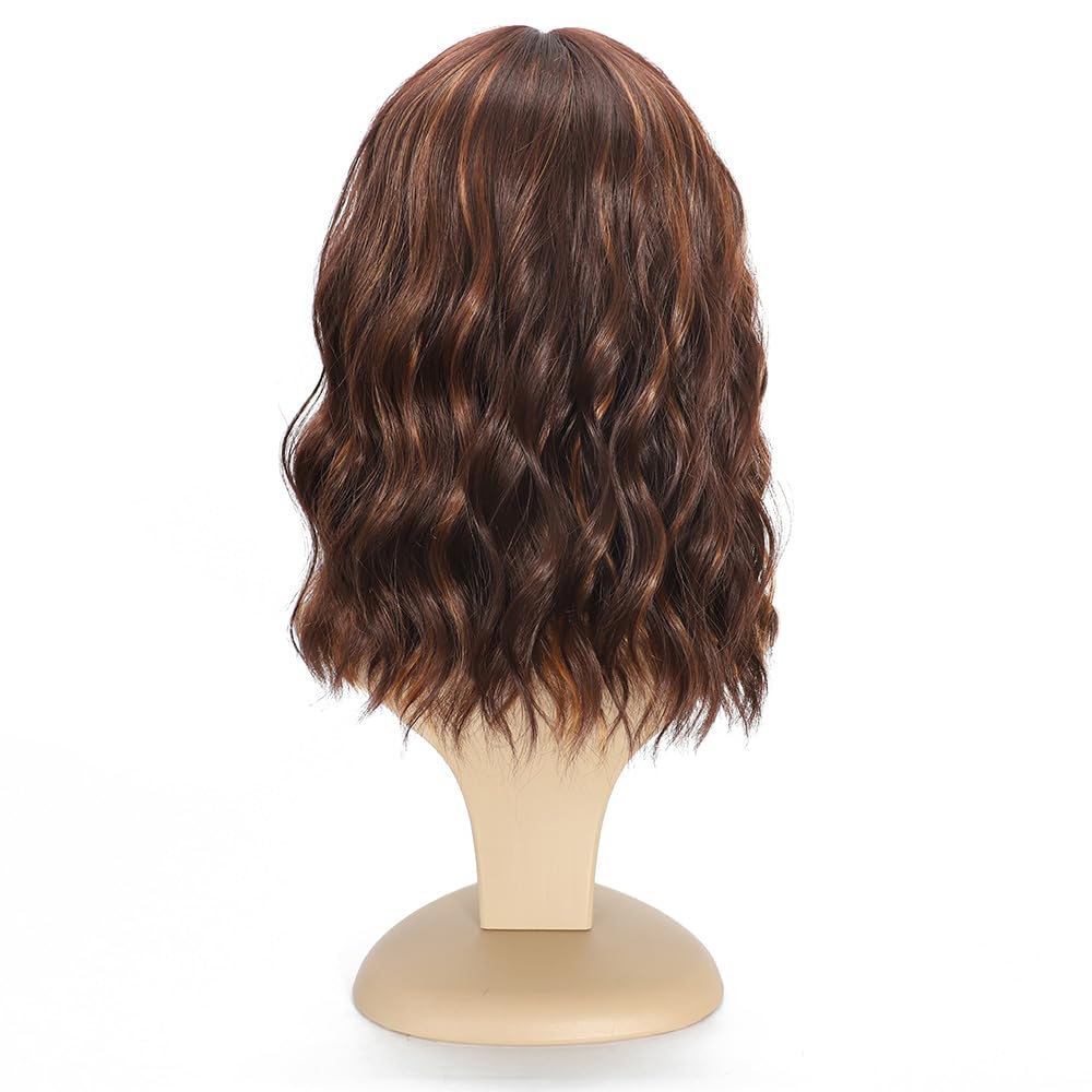 Black Mixed Brown Wig for Black Women Short Wavy Curly Bob Wig with Bangs