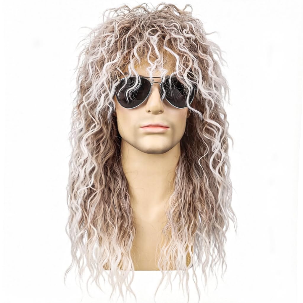PORSMEER Mens Long Curly Rock N Roll Wig for Men Heavy Metal Rock Disco Hair for Rockstar, Halloween, Party, Retro Music Festival (Black)