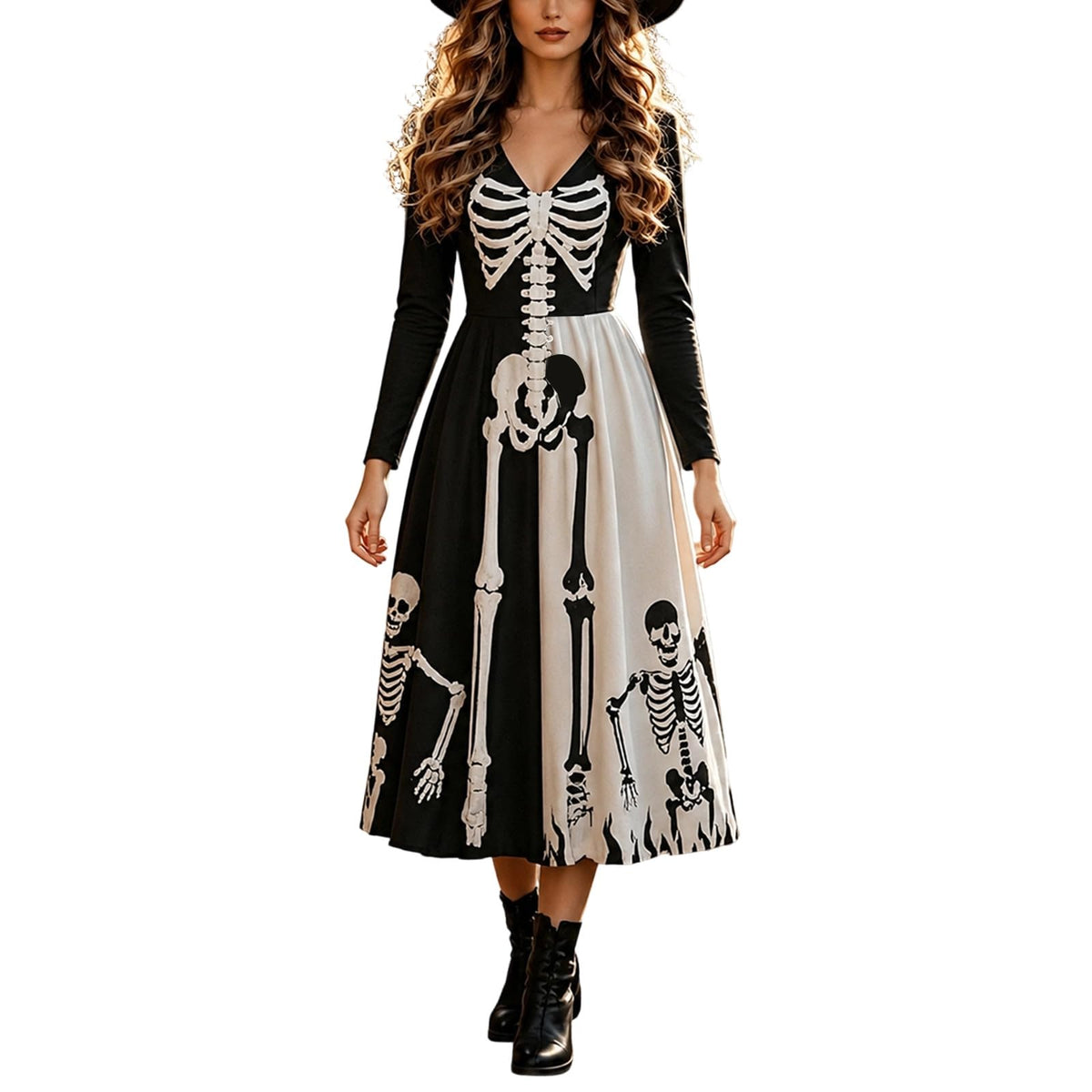 Halloween Dresses For Women V-Neck Skull Print Witch Costumes Gothic Dress