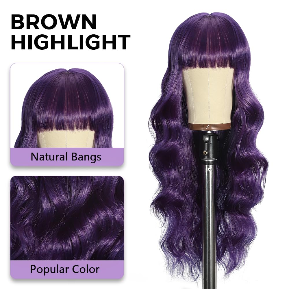 Black Wig with Bangs Long curly wavy Wigs for Women26In Synthetic Black Wig