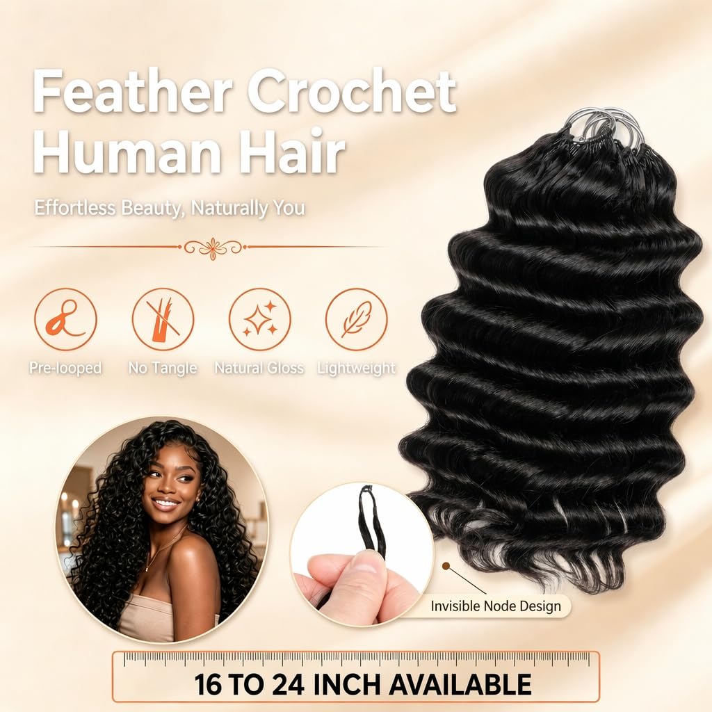 Crochet Human Hair for Black Women, Miracle Deep Wave Mini Knots Feather Crochet Human Hair Extensions 18 Inch 150g 120 Strands, Pre-Separated Invisible Knotless Remy Bundles Natural Black