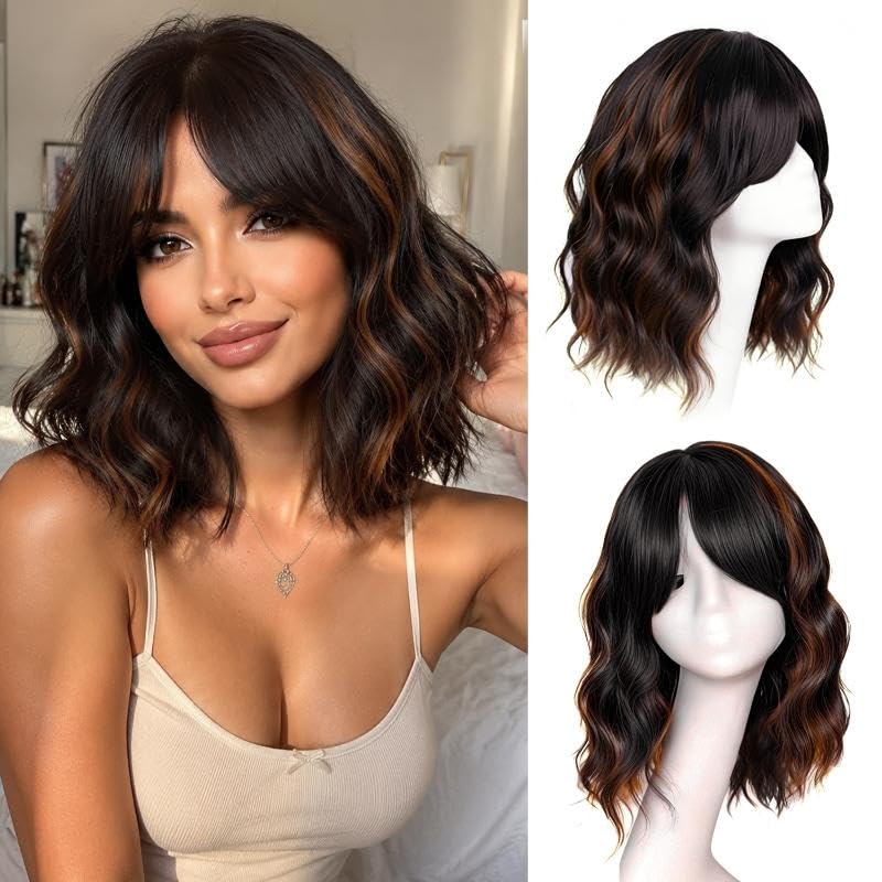 Short Wavy Wig with Bangs Black Mixed Brown Bob Curly Wigs for Women 14inch