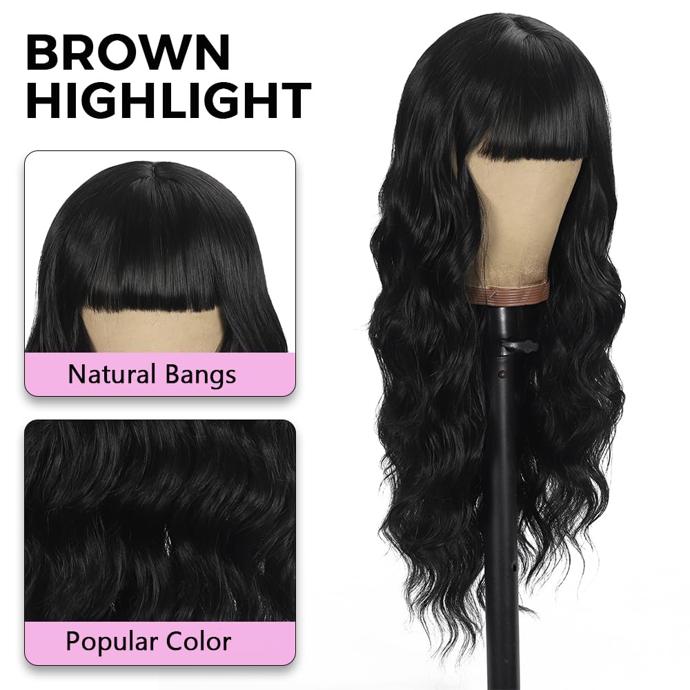 Black Wig with Bangs Long curly wavy Wigs for Women26In Synthetic Black Wig