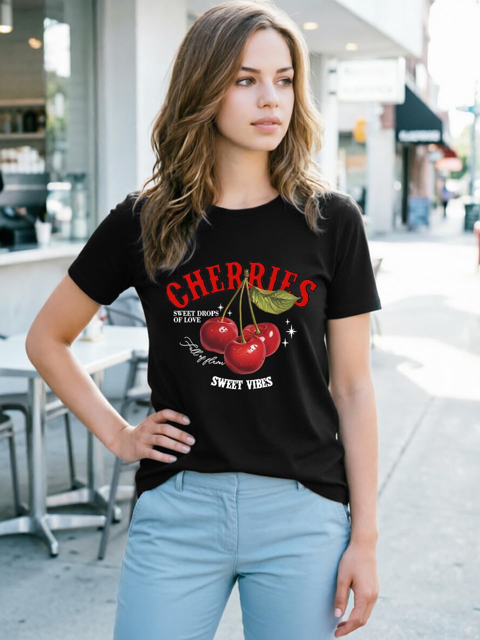 Cherry Graphic Tees Sweet Vibe Streetwear Shirt Short Sleeve Tops for Women