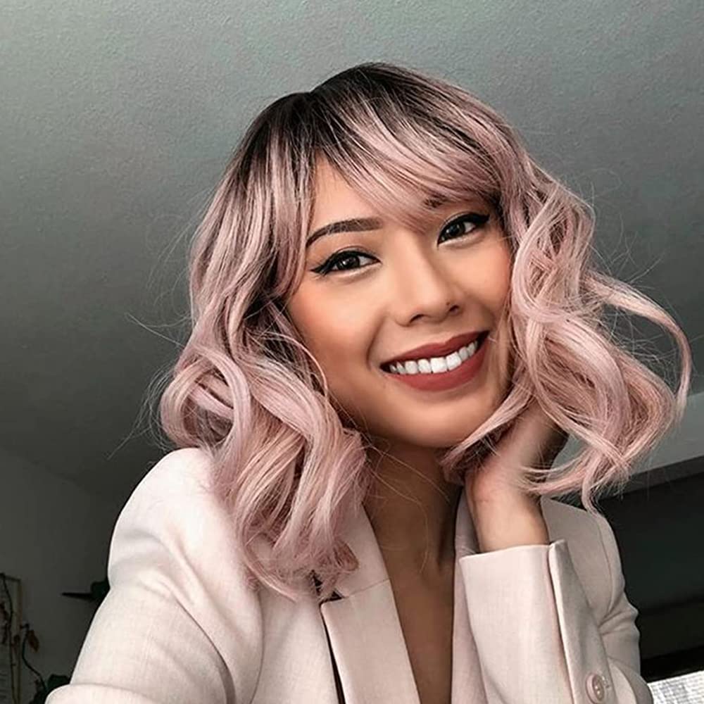NOBLE Blue Wig with Bangs 12 Inches Short Bob Curly Wig Blue Wigs for Women Colorful Wavy Bob Wigs with Air Bangs Heat Resistant Synthetic Silver Blue Halloween Wigs for Cosplay Party