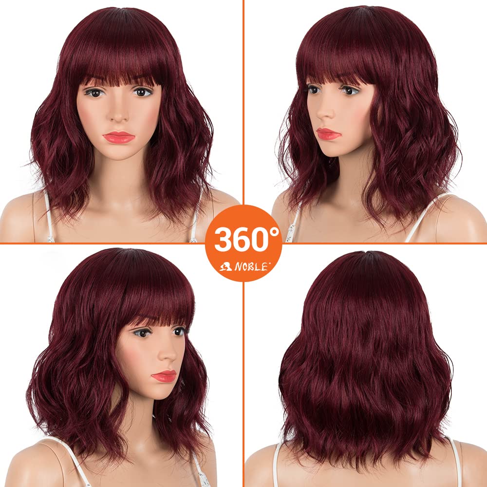 NOBLE Blue Wig with Bangs 12 Inches Short Bob Curly Wig Blue Wigs for Women Colorful Wavy Bob Wigs with Air Bangs Heat Resistant Synthetic Silver Blue Halloween Wigs for Cosplay Party