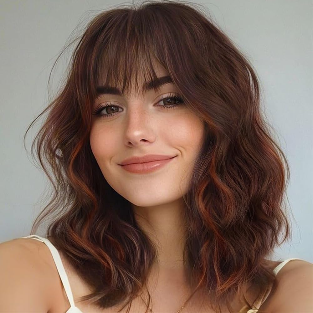 Black Mixed Brown Wig for Black Women Short Wavy Curly Bob Wig with Bangs