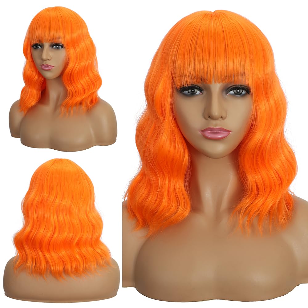 Dark Purple Wigs with Bangs for Women 14 Inch Short Wavy Bob Wigs Synthetic Bob Wig Curly Wig Heat Resistant Colorful Wavy Wig Cosplay Wigs For Daily Party Halloween
