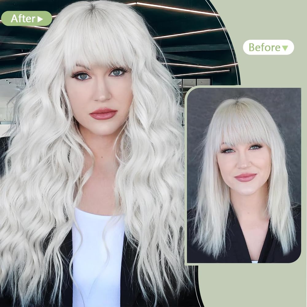 Black Wig with Bangs Long curly wavy Wigs for Women26In Synthetic Black Wig