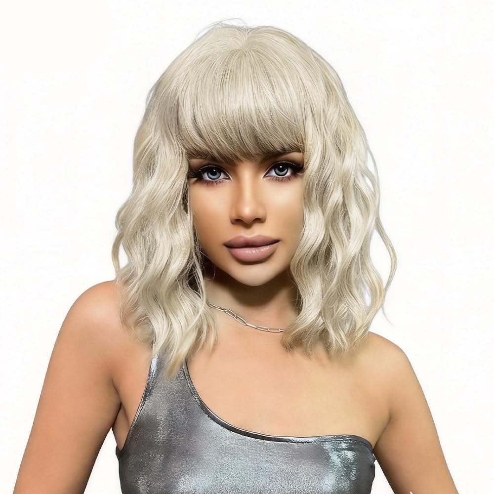 Black Mixed Brown Wig for Black Women Short Wavy Curly Bob Wig with Bangs