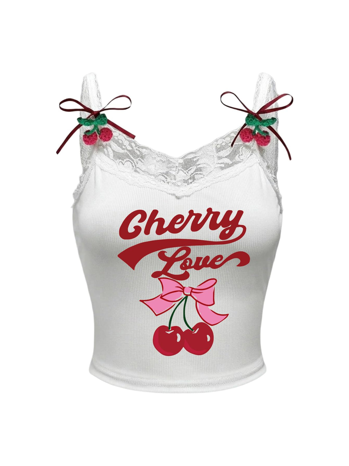 SHENHE Women's Lace Trim Cute Cherry Print Spaghetti Strap Kawaii Top