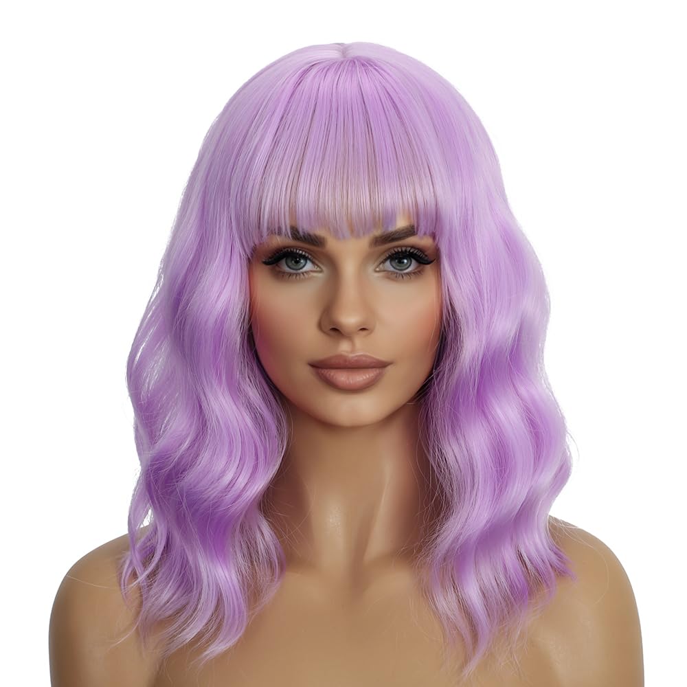 Dark Purple Wigs with Bangs for Women 14 Inch Short Wavy Bob Wigs Synthetic Bob Wig Curly Wig Heat Resistant Colorful Wavy Wig Cosplay Wigs For Daily Party Halloween