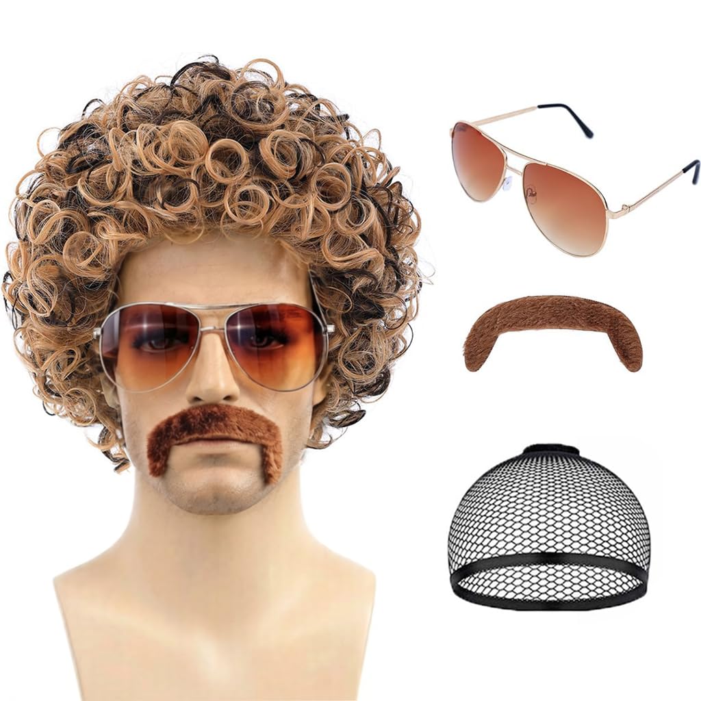 PORSMEER Mens Long Curly Rock N Roll Wig for Men Heavy Metal Rock Disco Hair for Rockstar, Halloween, Party, Retro Music Festival (Black)
