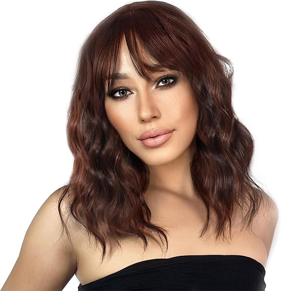 Black Mixed Brown Wig for Black Women Short Wavy Curly Bob Wig with Bangs