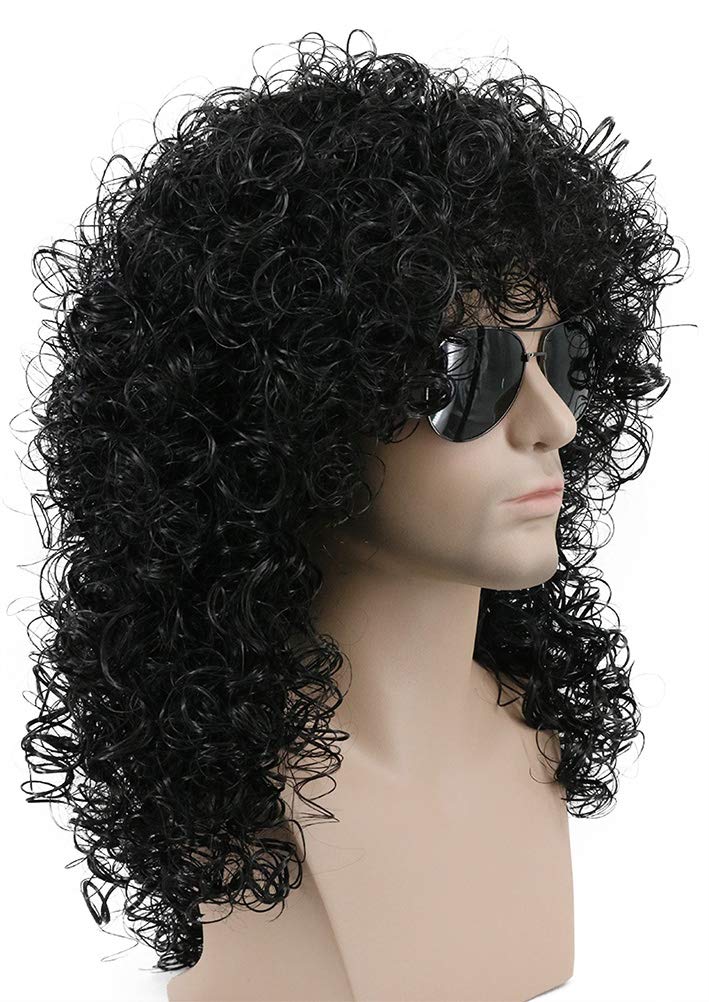 karlery 70s 80s Mens Long Curly Black Wig Afro Punk Rocker Halloween
