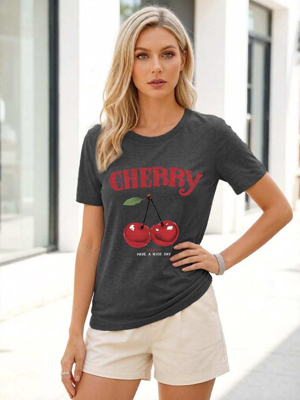 Cherry Graphic Tees Sweet Vibe Streetwear Shirt Short Sleeve Tops for Women