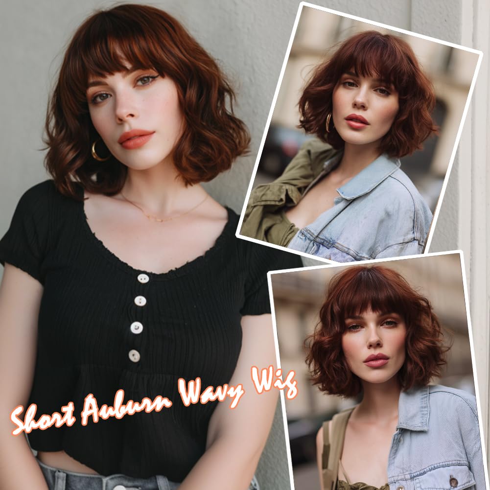 White Silver Wigs for Women Ombre Grey Wavy Bob Short Wigs with Bangs Medium Length Synthetic Hair Water Wave Dark Roots Wig Gray Colorful Wigs（14 Inches）