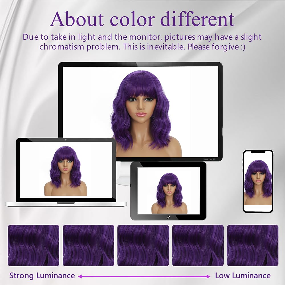 Dark Purple Wigs with Bangs for Women 14 Inch Short Wavy Bob Wigs Synthetic Bob Wig Curly Wig Heat Resistant Colorful Wavy Wig Cosplay Wigs For Daily Party Halloween