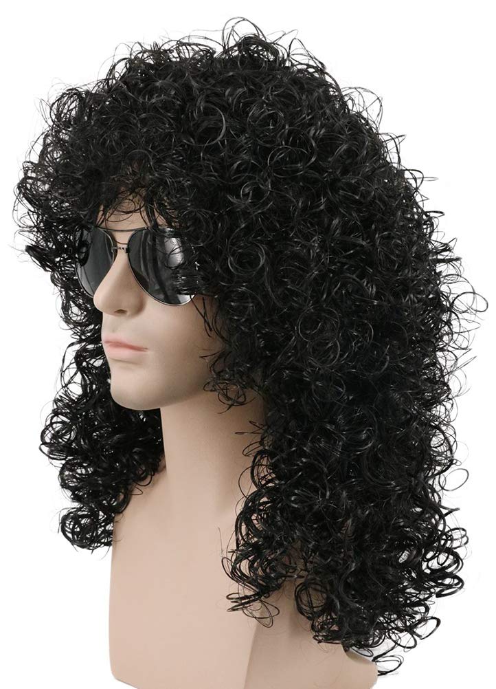 karlery 70s 80s Mens Long Curly Black Wig Afro Punk Rocker Halloween