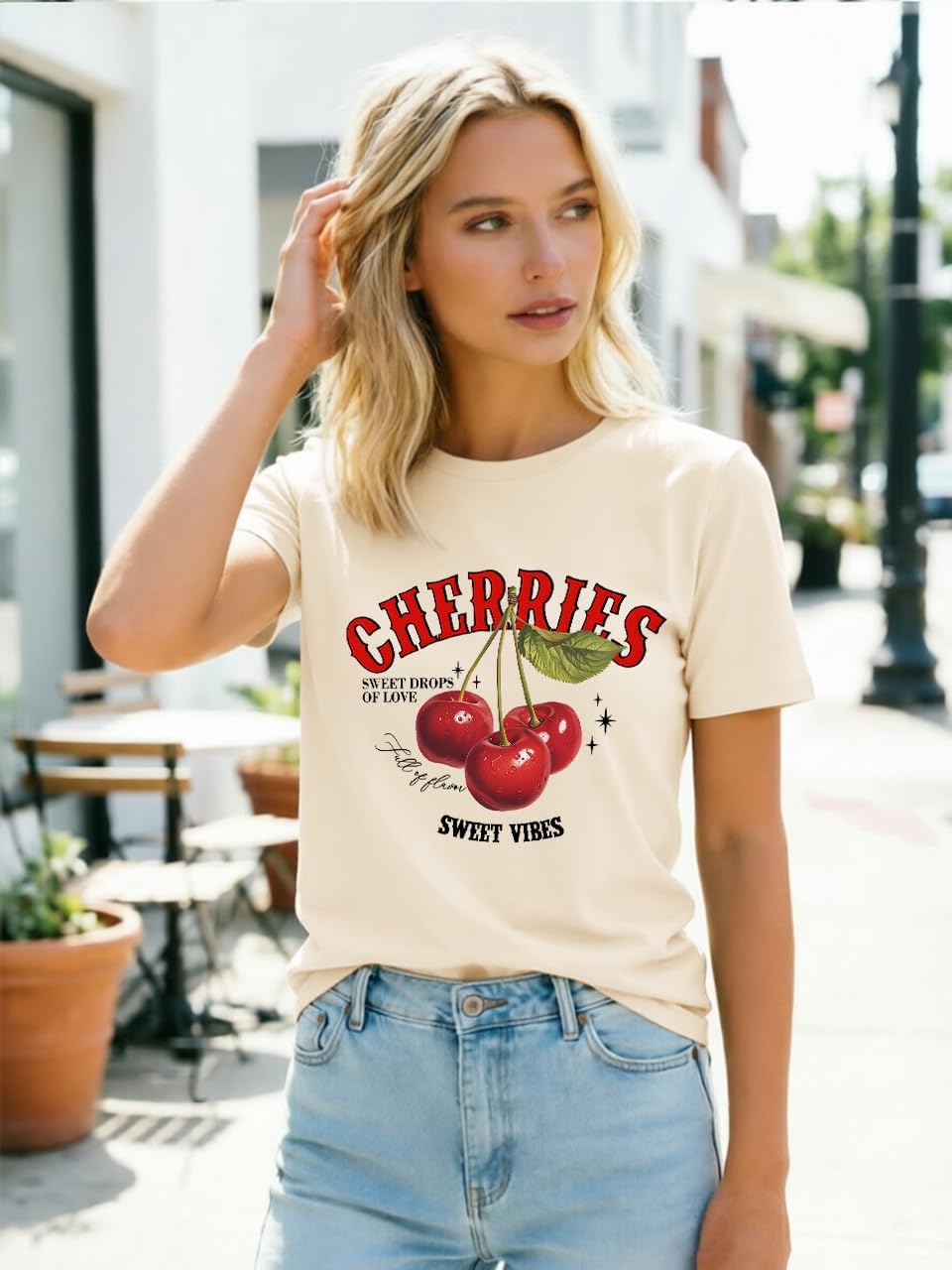 Cherry Graphic Tees Sweet Vibe Streetwear Shirt Short Sleeve Tops for Women