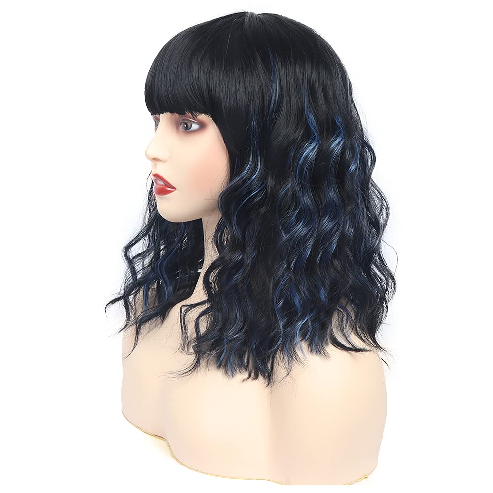 Black Mixed Brown Wig for Black Women Short Wavy Curly Bob Wig with Bangs