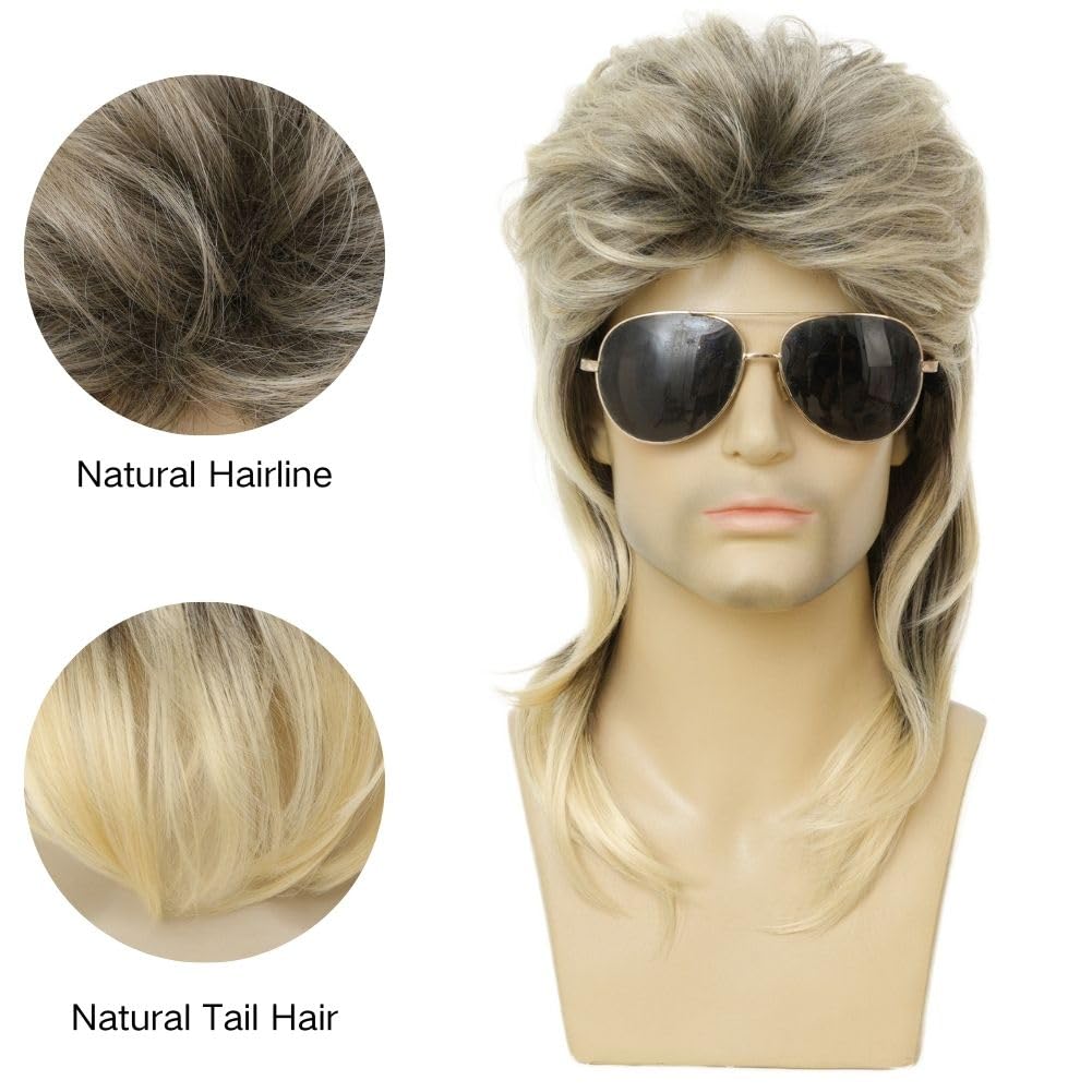 Kaneles Mullet Wigs for Men 80s Costumes Fancy Party Accessory Cosplay Halloween Wig (Light Brown)