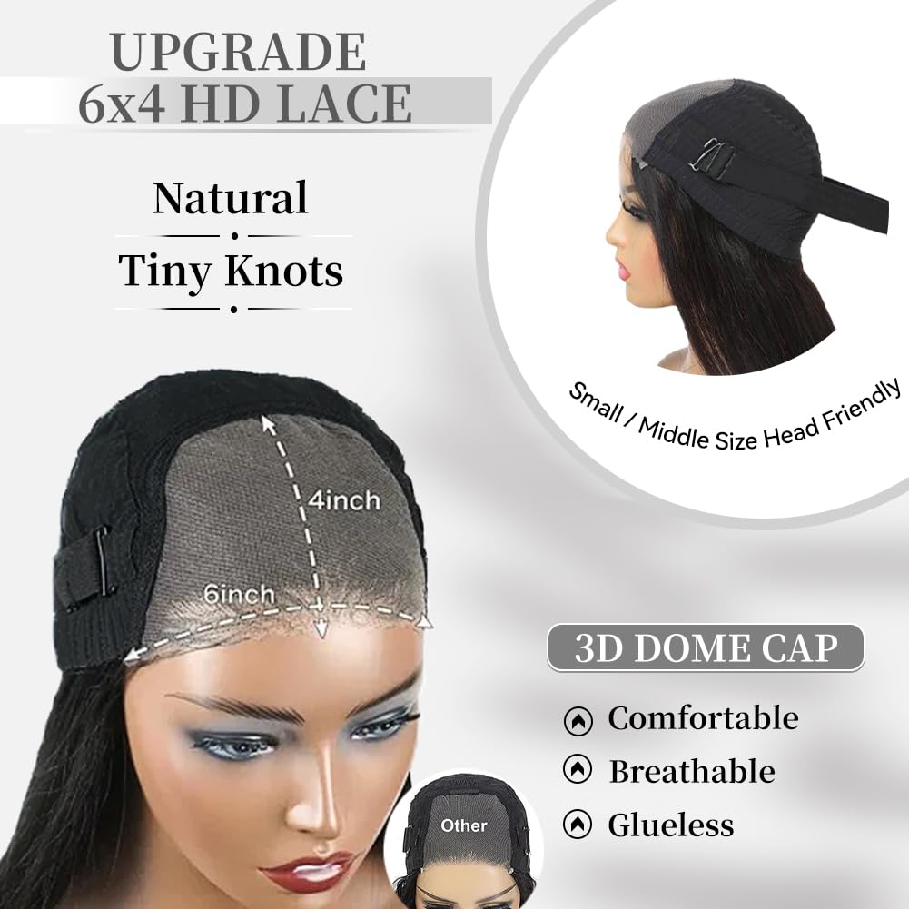 Wear and Go Glueless Wigs Human Hair Pre Cut 6X4 Straight Lace Front Wigs