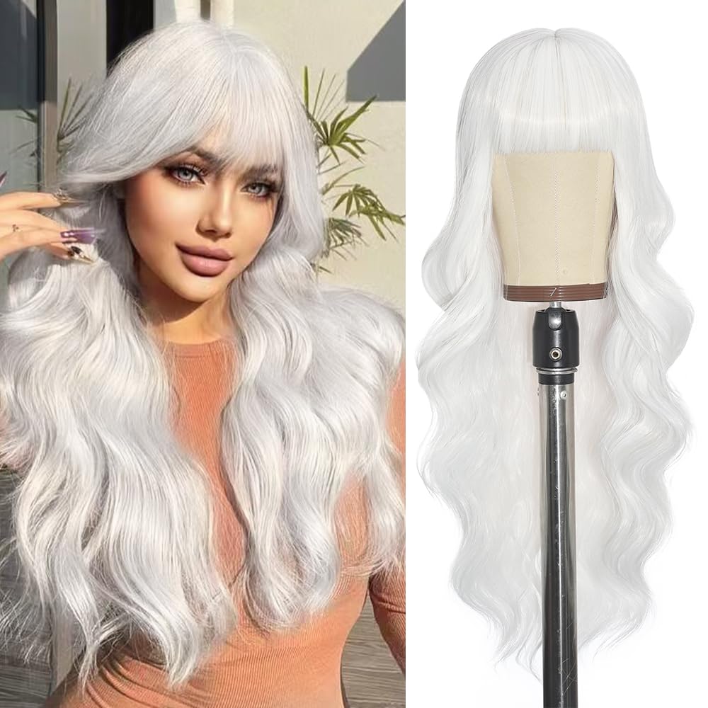 Black Wig with Bangs Long curly wavy Wigs for Women26In Synthetic Black Wig