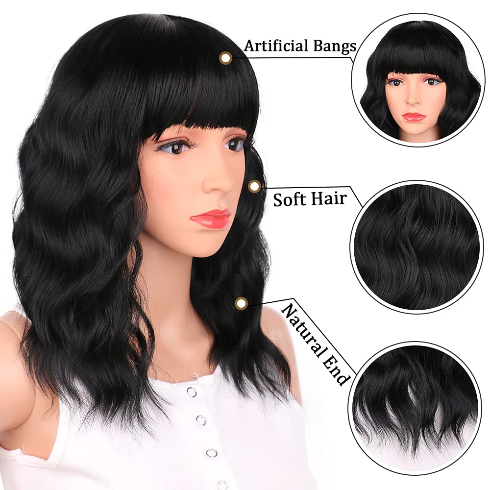 Black Mixed Brown Wig for Black Women Short Wavy Curly Bob Wig with Bangs