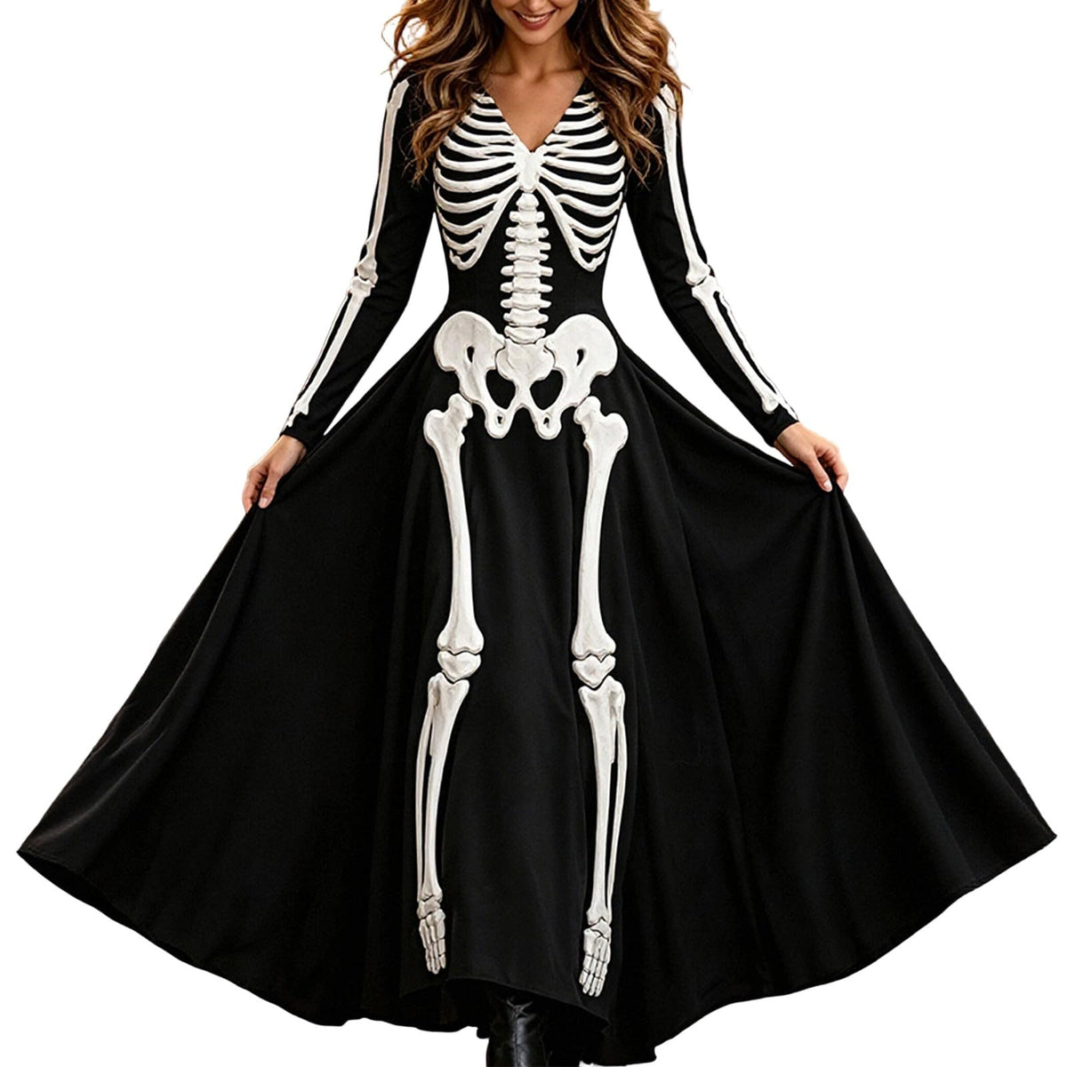 Halloween Dresses For Women V-Neck Skull Print Witch Costumes Gothic Dress