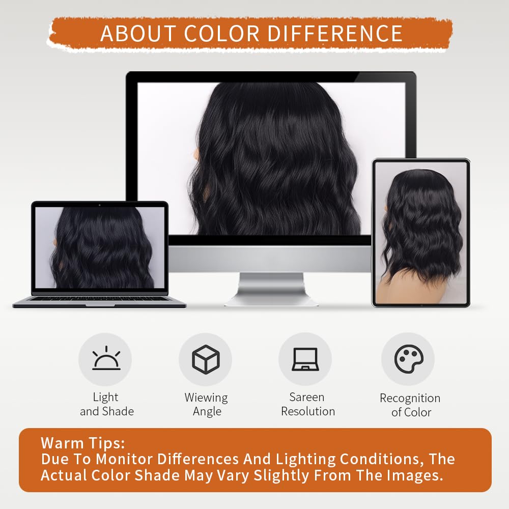 Short Wavy Wig with Bangs Black Mixed Brown Bob Curly Wigs for Women 14inch