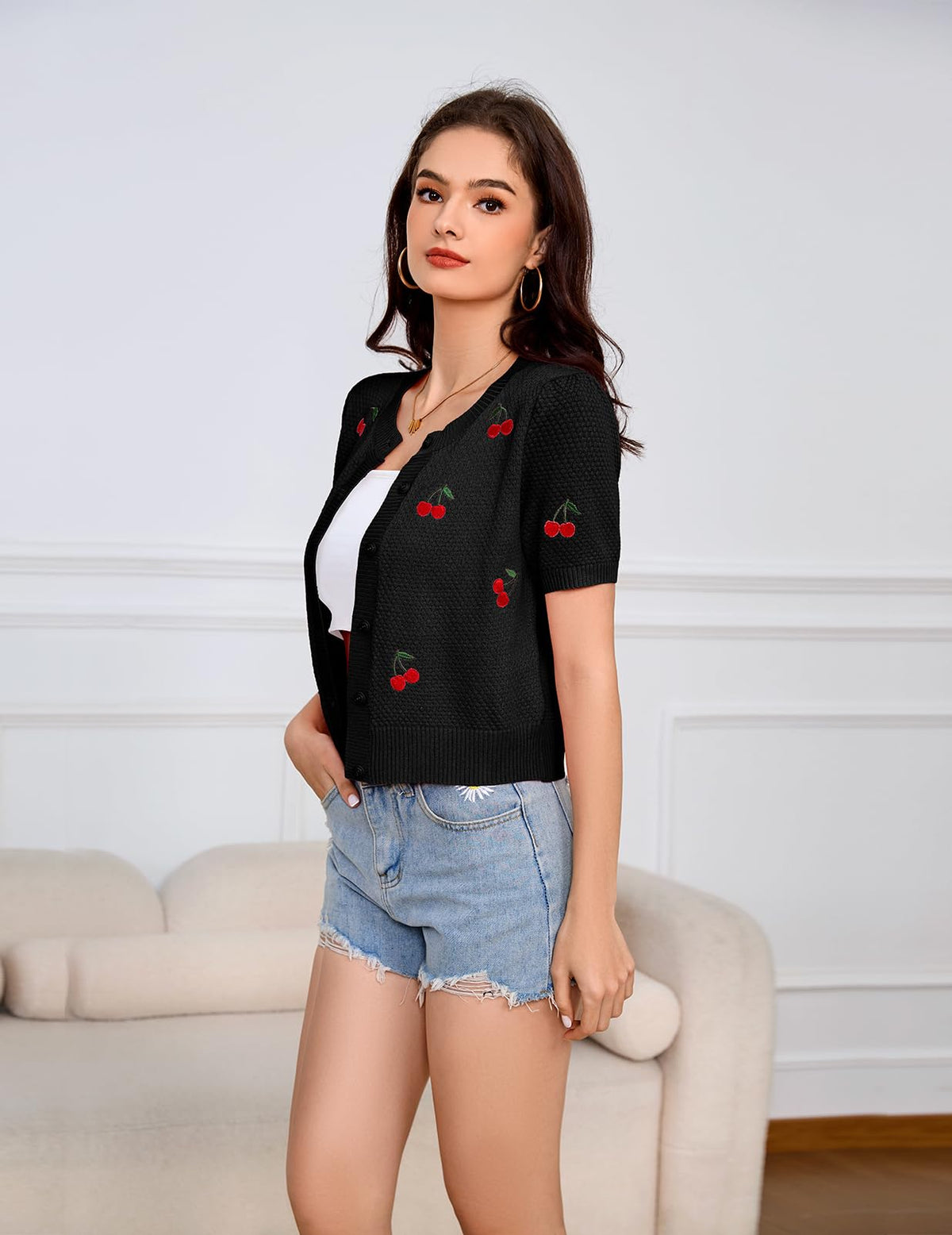 Bbonlinedress Women Cherry Short Sleeve Cardigan Tops Vintage Sweater Shirt