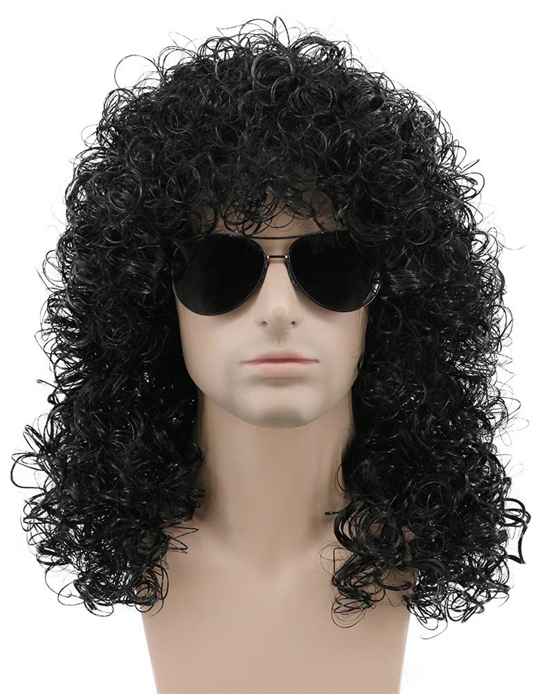 karlery 70s 80s Mens Long Curly Black Wig Afro Punk Rocker Halloween