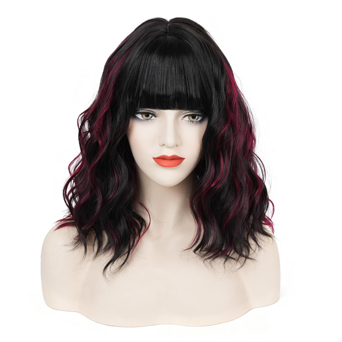 Short Black-grey Wavy Wig with Bangs for Women Halloween Curly Bob Wigs