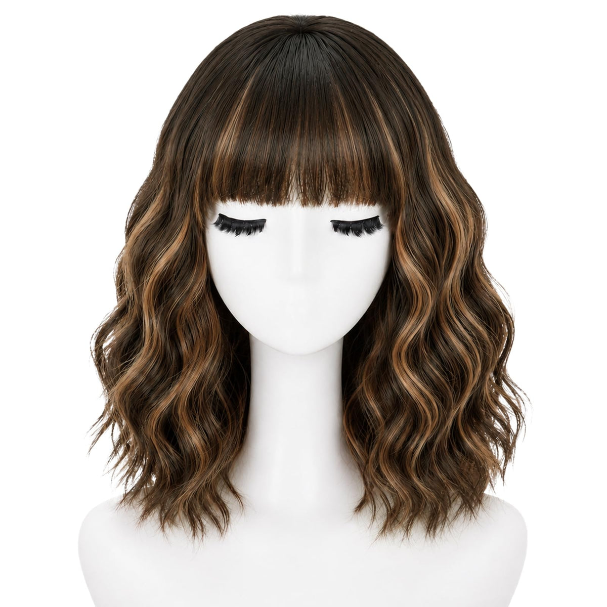 NOSTALGIA Wigs for Women, Short Wavy Bob Wig with Bangs, Trimmable Bangs, Shoulder Length, Black To Brown Heat Resistant Synthetic Wig for Daily Party Use, 14 Inch