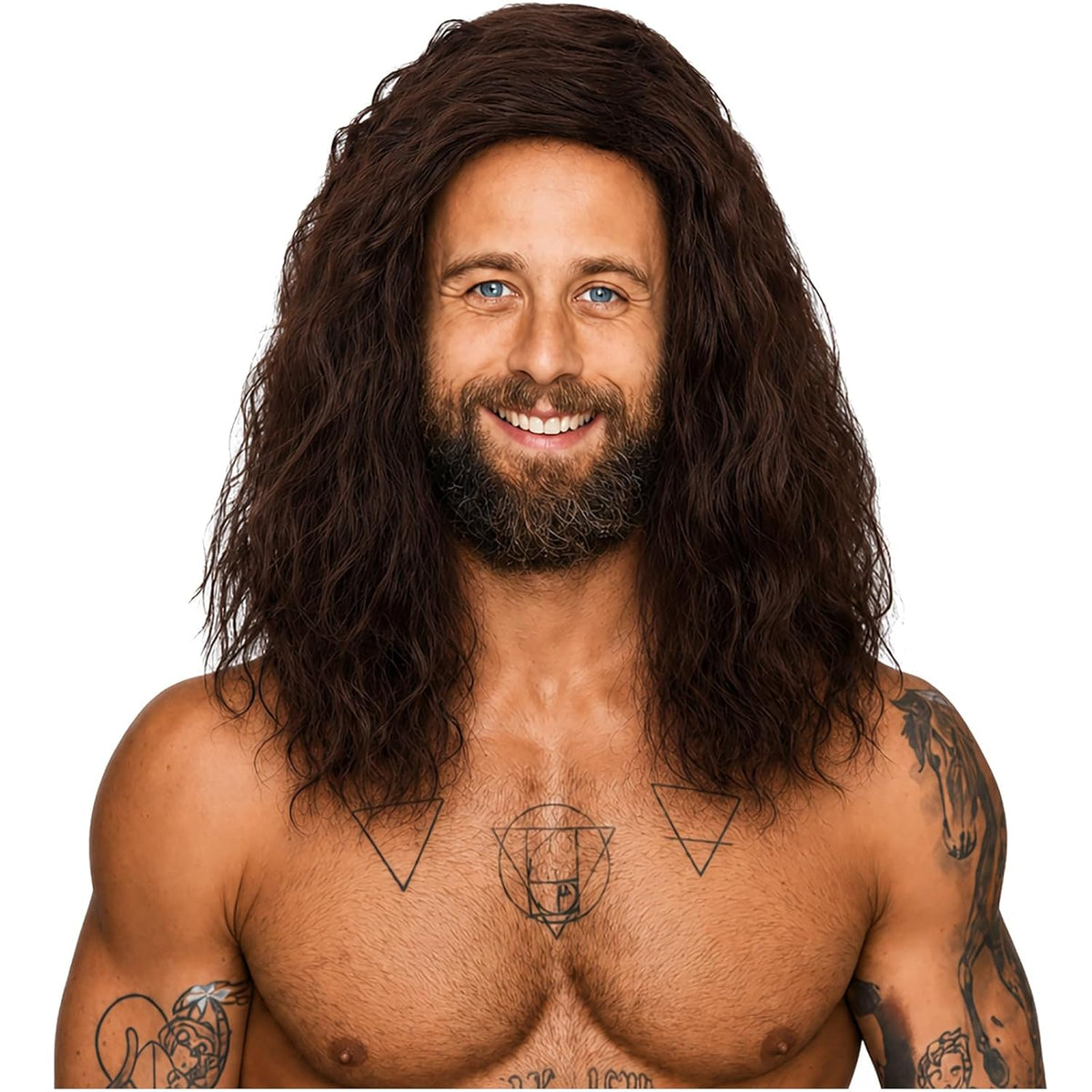 Mens Brown Wig Shoulder Length Brown Curly Male Wig