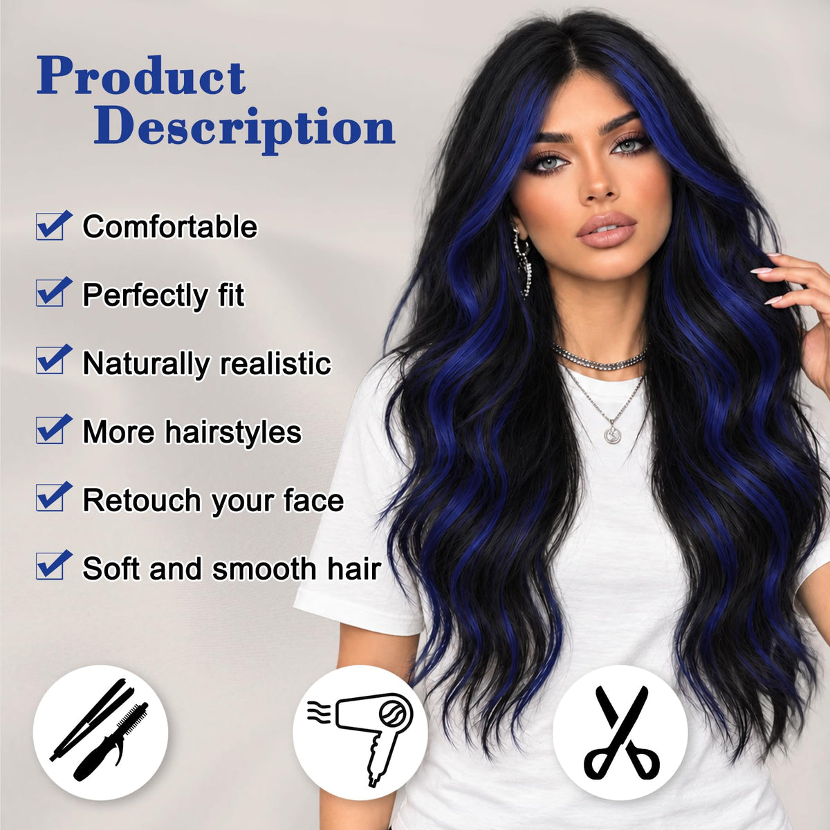 NAYOO Ice Blue Wig for Women, 26 Inch Middle Part Wavy Synthetic Wig