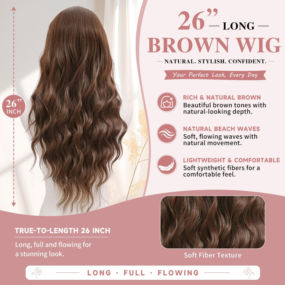 NAYOO 26 Inch Long Wavy Black Wig for Women, Middle Part Natural Looking Synthetic Wig, Heat Resistant Fiber Soft & Lightweight, Realistic Scalp Long Curly Wig for Daily Wear Party Cosplay