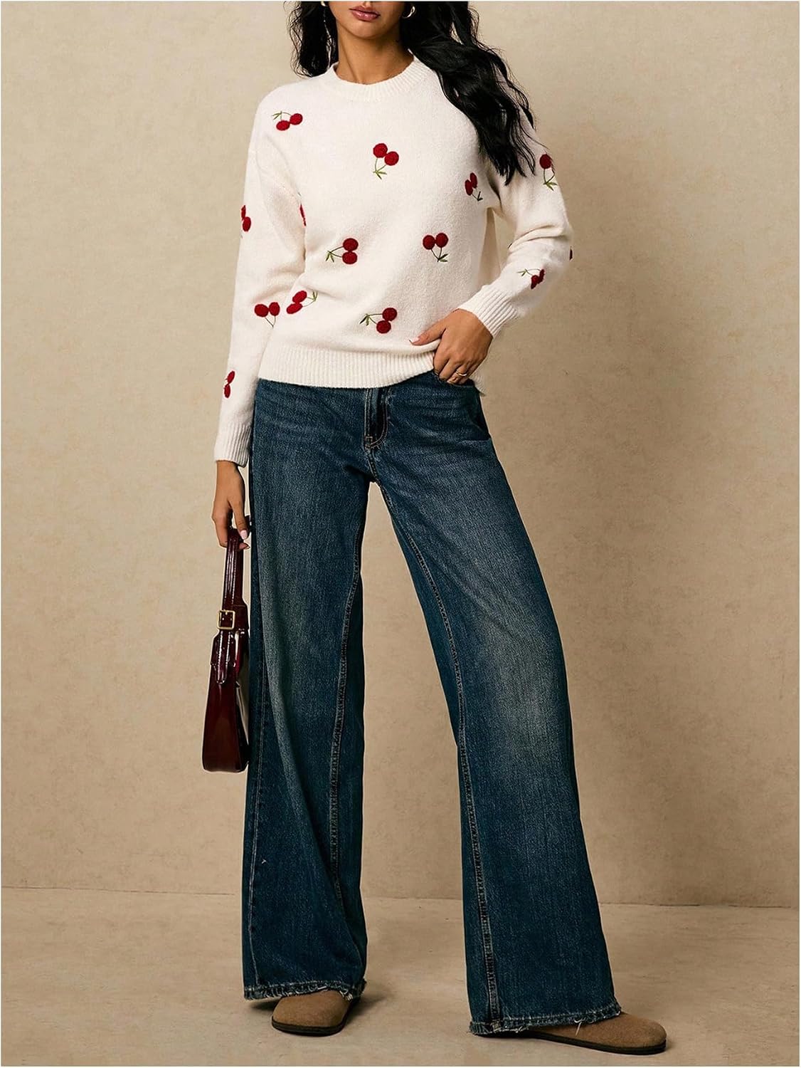 MakeMeChic Women's Cherry Embroidery Sweater Pullovers