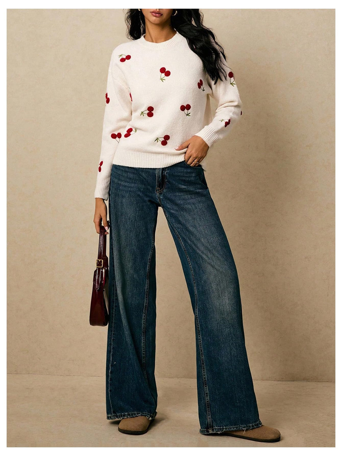 MakeMeChic Women's Cherry Embroidery Sweater Pullovers