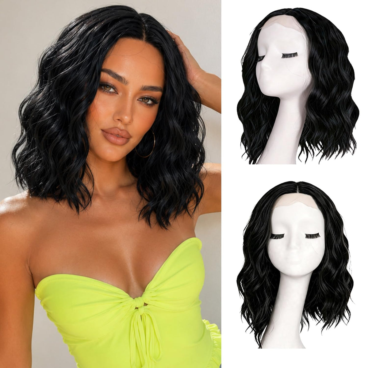 Short Wavy Wig with Bangs Black Mixed Brown Bob Curly Wigs for Women 14inch